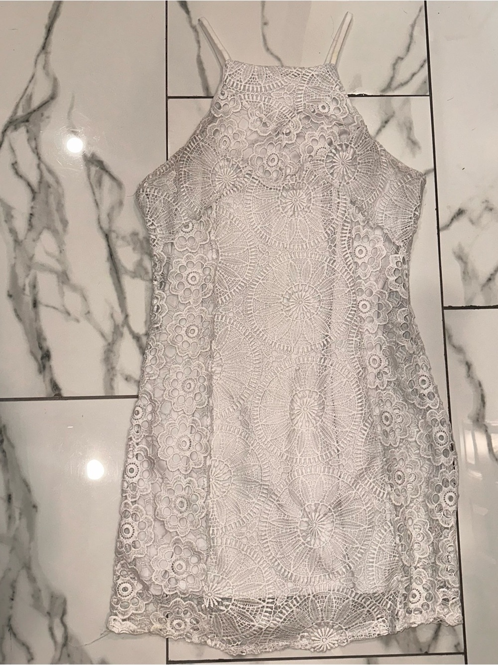 Francesca's Collections White Crochet Halter Mini Dress